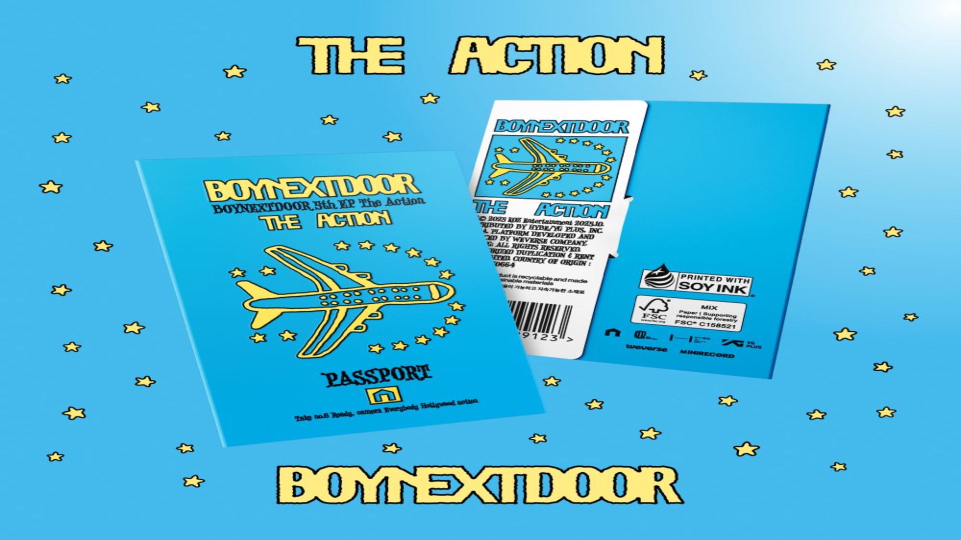 Passport-style book with airplane design and 'The Action' branding on a blue background with stars. boynextdoor album