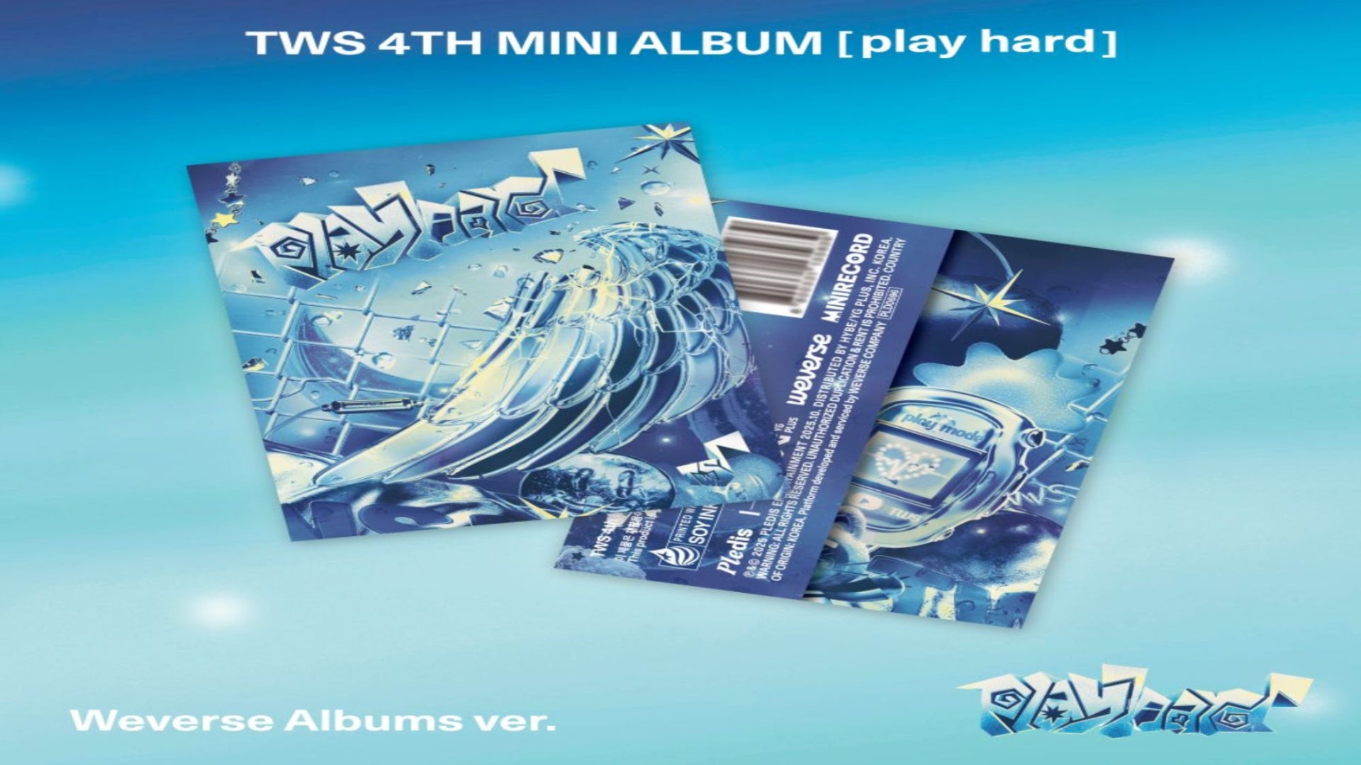 TWS 4TH MINI ALBUM 'play hard' with blue and white design on a gradient blue background