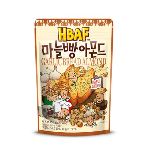 HBAF Korean Seasoned Almond Nuts – Healthy & Gluten-Free Asian Snack | Perfect for School, Office, Travel & Camping (Garlic Bread  120 gram 1 pack)