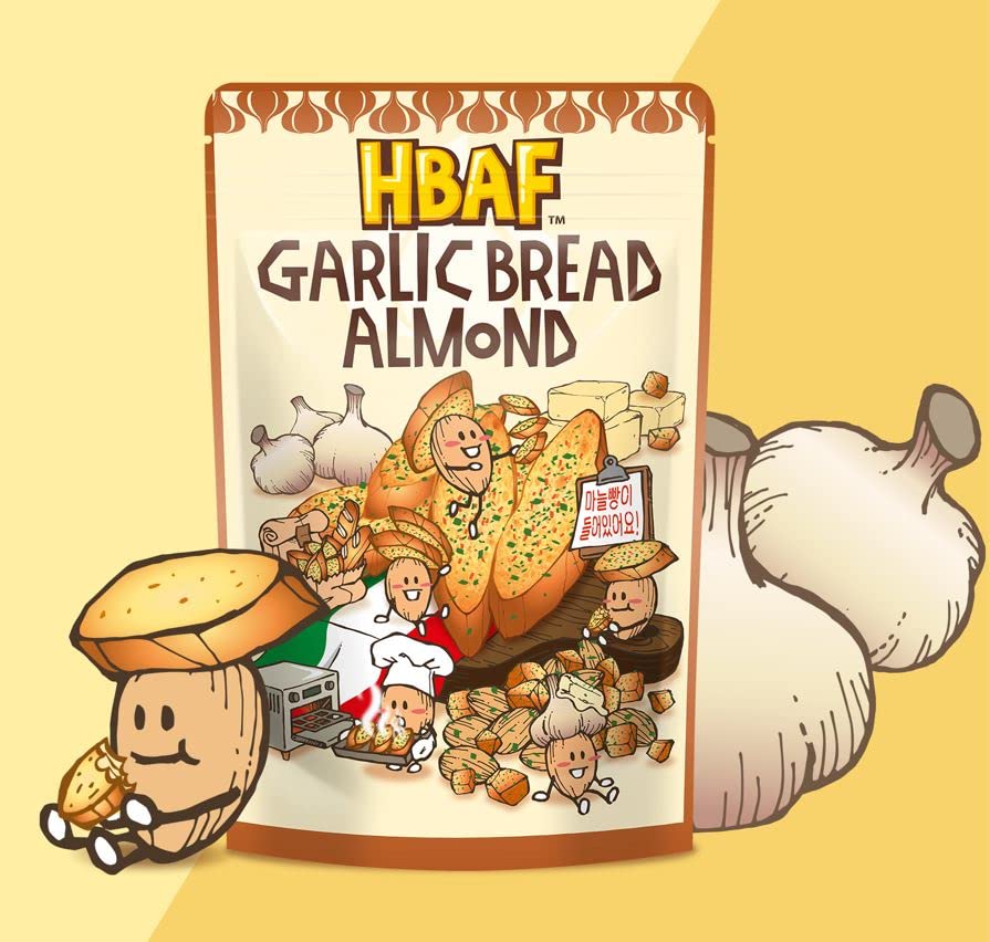 HBAF Korean Seasoned Almond Nuts – Healthy & Gluten-Free Asian Snack | Perfect for School, Office, Travel & Camping (Garlic Bread  120 gram 1 pack)