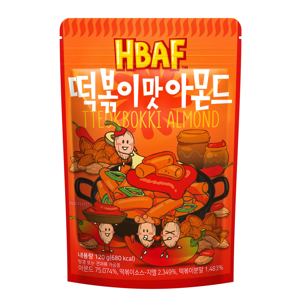 HBAF Korean Seasoned Almond Nuts – Healthy & Gluten-Free Asian Snack | Perfect for School, Office, Travel & Camping(Toppoki 120 gram 1 pack)