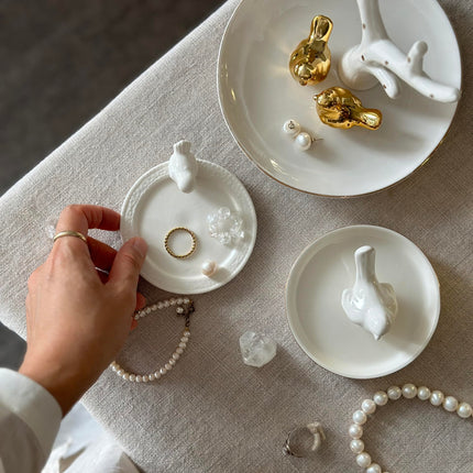Luxury Ceramic Jewelry Tray with Decorative Figurine (1 x White Bird Center)