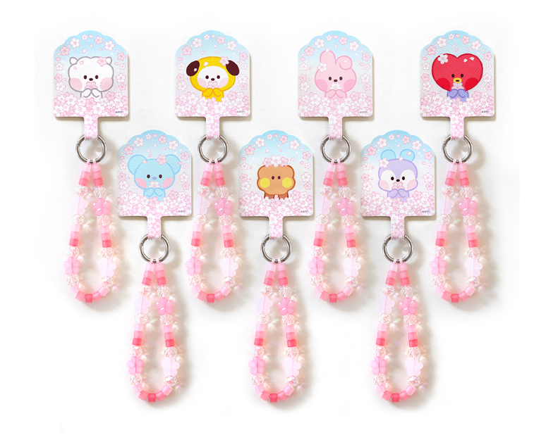 BT21 Cherry Blossom Phone Tag Holder with Beaded Strap Official