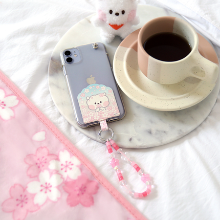 BT21 Cherry Blossom Phone Tag Holder with Bead Strap