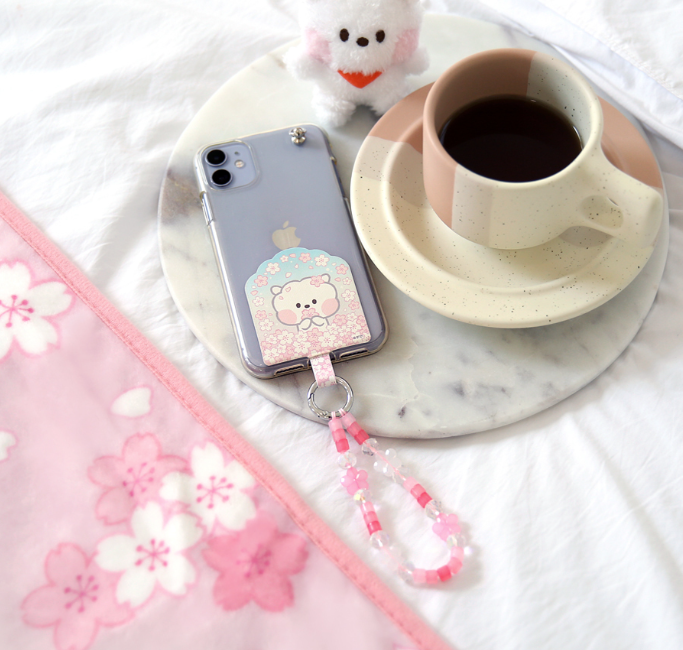 BT21 Cherry Blossom Phone Tag Holder with Bead Strap