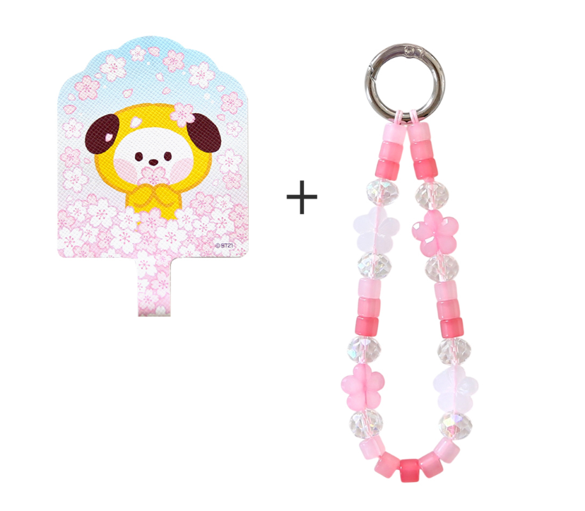 BT21 Cherry Blossom Phone Tag Holder with Bead Strap