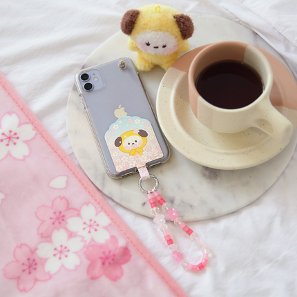 BT21 Cherry Blossom Phone Tag Holder with Bead Strap