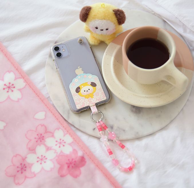 BT21 Cherry Blossom Phone Tag Holder with Bead Strap