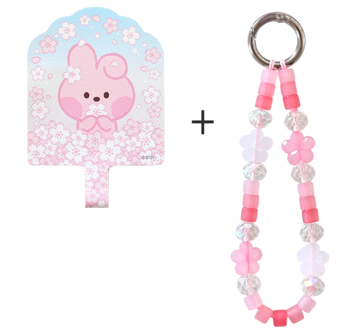 BT21 Cherry Blossom Phone Tag Holder with Bead Strap