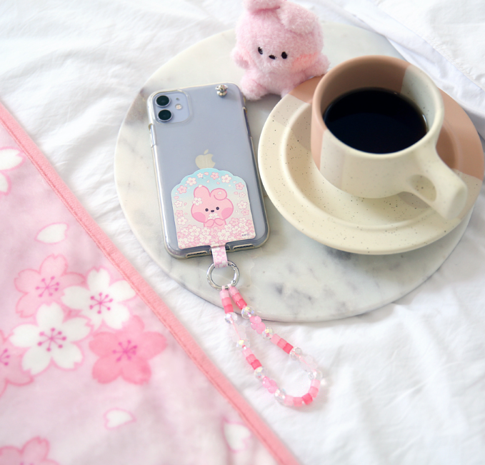 BT21 Cherry Blossom Phone Tag Holder with Bead Strap