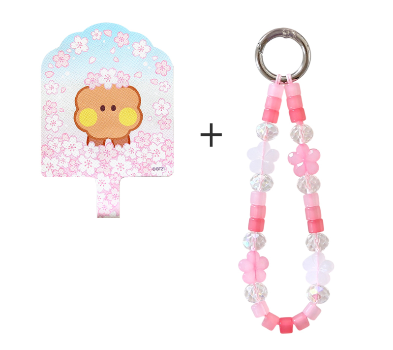 BT21 Cherry Blossom Phone Tag Holder with Bead Strap