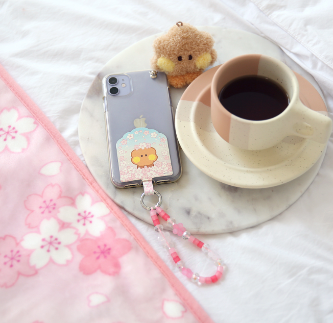 BT21 Cherry Blossom Phone Tag Holder with Bead Strap