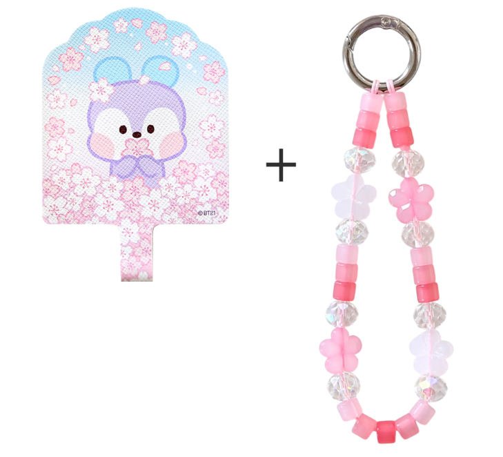 BT21 Cherry Blossom Phone Tag Holder with Bead Strap