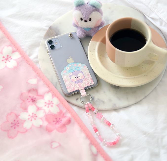 BT21 Cherry Blossom Phone Tag Holder with Bead Strap