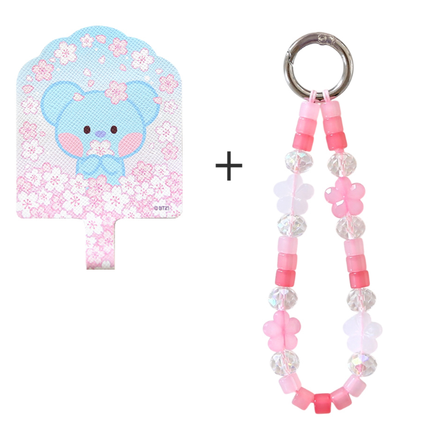 BT21 Cherry Blossom Phone Tag Holder with Bead Strap