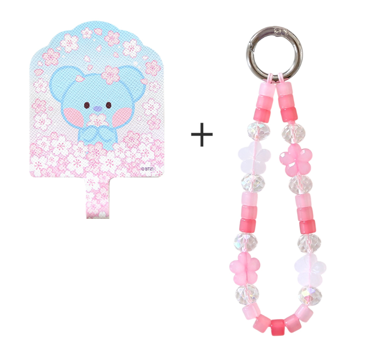 BT21 Cherry Blossom Phone Tag Holder with Bead Strap