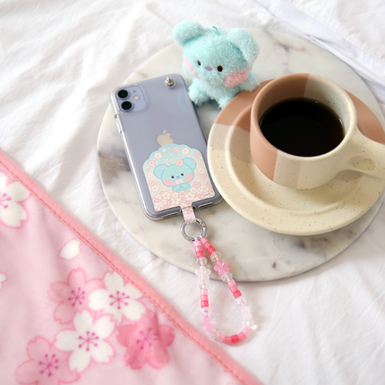 BT21 Cherry Blossom Phone Tag Holder with Bead Strap