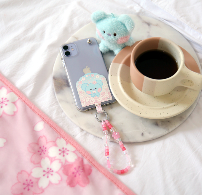 BT21 Cherry Blossom Phone Tag Holder with Bead Strap