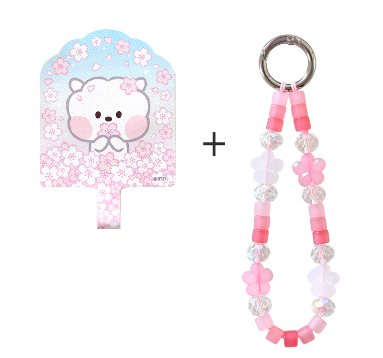 BT21 Cherry Blossom Phone Tag Holder with Bead Strap
