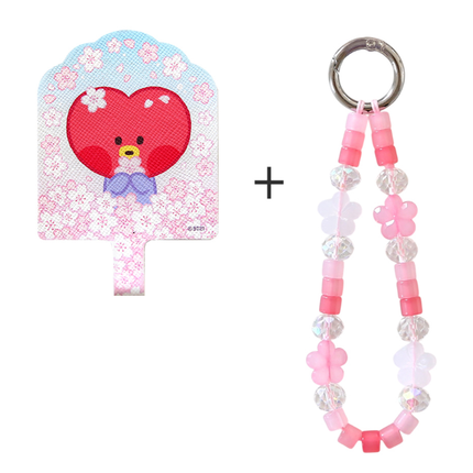 BT21 Cherry Blossom Phone Tag Holder with Bead Strap